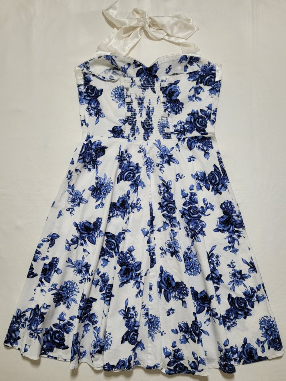 Dressystar Floral Halter Rockabilly Swing Dress Blue White Medium 50s Retro - Picture 3 of 10